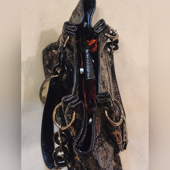 SHARIF 1827 Black Metallic Floral Python Embossed Italian Leather Satchel - Picture 13 of 15